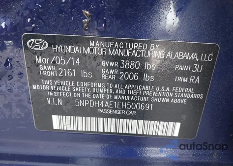 2014 Hyundai Elantra Limited из США, поврежденный, VIN 5NPDH4AE1EH500691